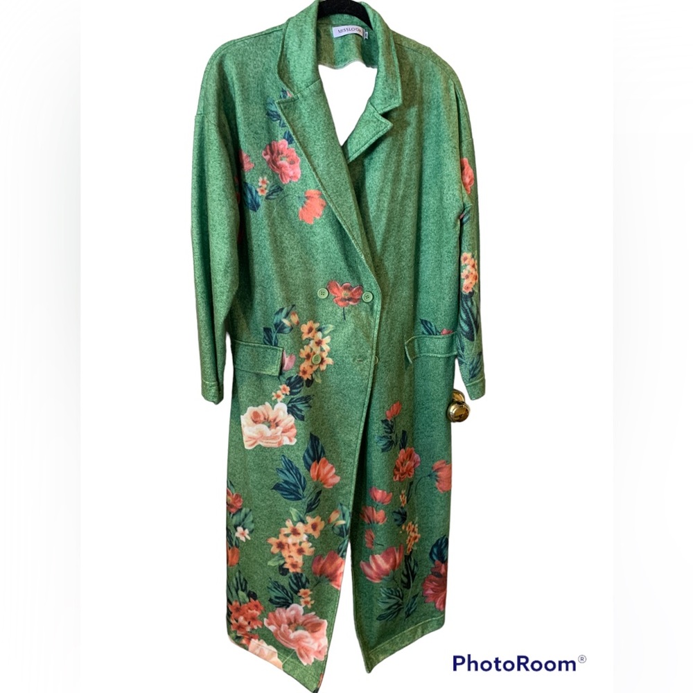 MissLook Fleece, green floral trench style coat. Medium